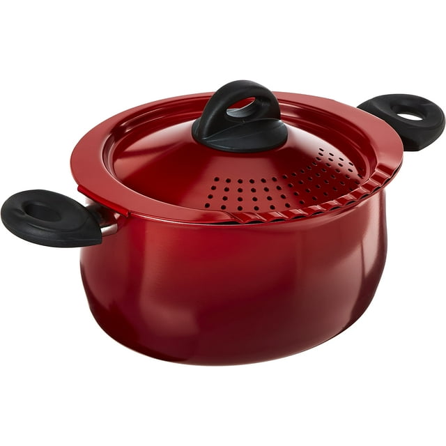 Olla para pasta Bialetti de 5.5 cuartos con tapa coladora, roja. Olla ovalada alargada para espaguetis, lasaña, penne y farfalle más largos. Asas resistentes al calor e interior antiadherente. Olla gr