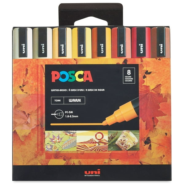Uni Posca Paint Markers Warm Tone Colors, Set of 8, Medium Tip, 2.5 mm