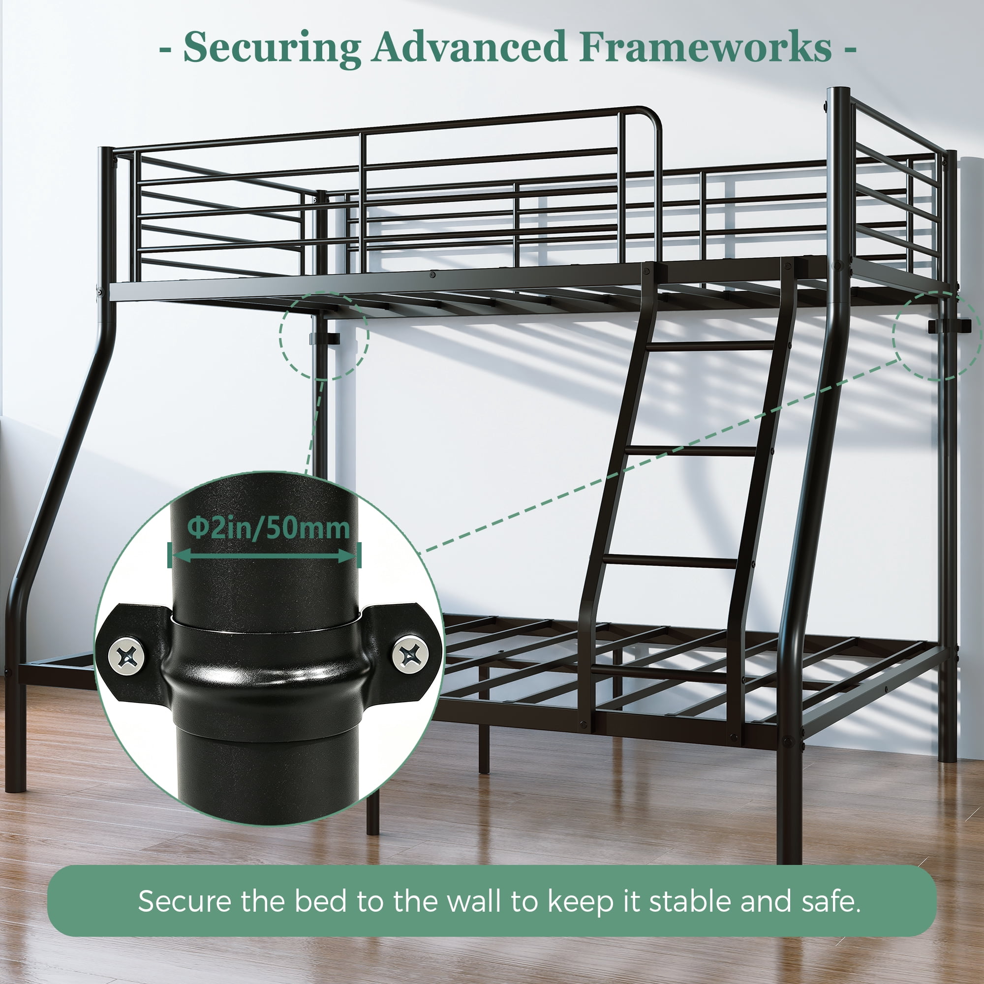 GARITIN Twin Over Full Size Metal Bunk Bed, Heavy Duty Bunk Bed Frame with Guardrail and Ladder for Adults Kids, Black