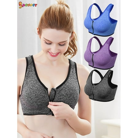 

Spencer Women s High Impact Sport Seamless Bra Zipper Front Closure Wireless Removable Pads Mesh Racerback Workout Bras L Gray