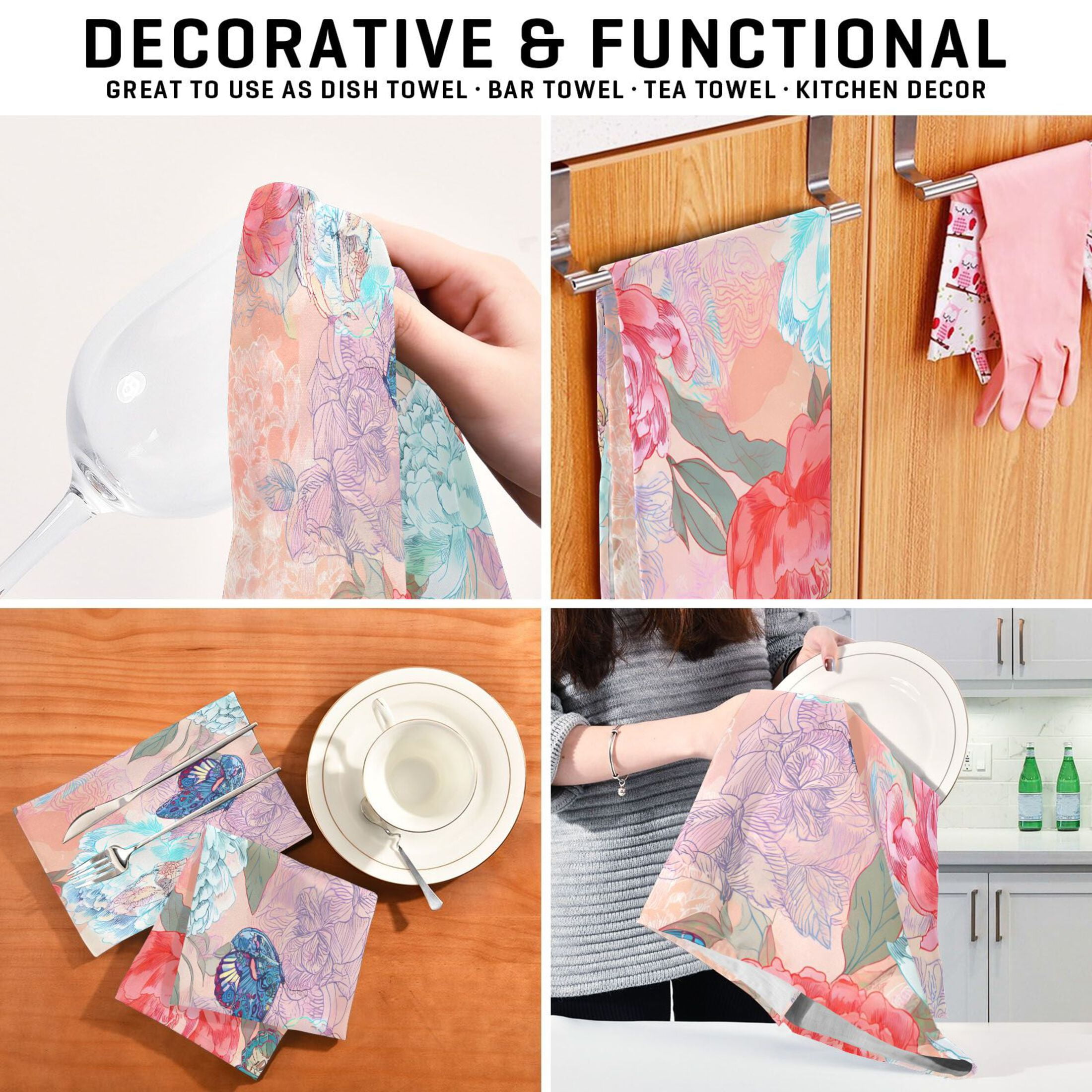 Dreamy Floral Butterflies Kitchen Towels Dishcloth Decorative Waffle Towels Multi Use Tea Towel Dish Cloths 28x18in