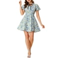thumbnail image 2 of INSPIRE CHIC Women's Keyhole Square Neck Dress Summer Floral Puff Sleeve Mini Dress Blue M, 2 of 6