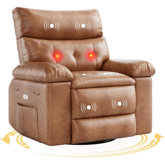 Vintage Oversized 360° Swivel Rocking Recliner Chair, Massage & Heat Ergonomic Lazy Chair with Remote Control for Living Room Bedroom