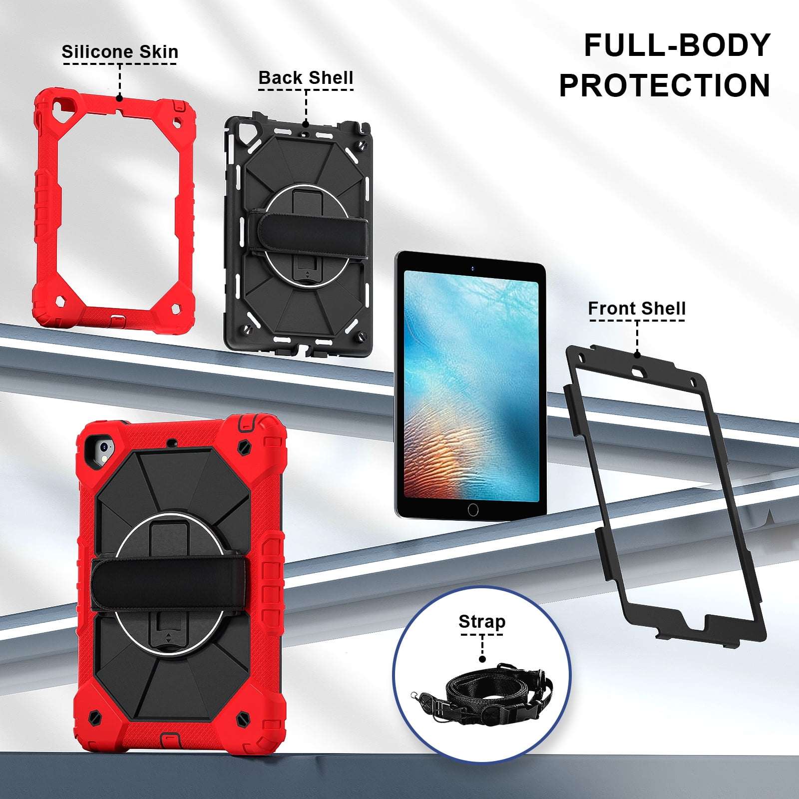 Shockproof Case for Apple iPad 6th 5th Generation 2018 2017 / iPad Air 2 9.7 Inch, Rotating Kickstand Pencil Holder Shoulder Strap Hand Strap Kids Friendly Bumper Cover, Red+Black