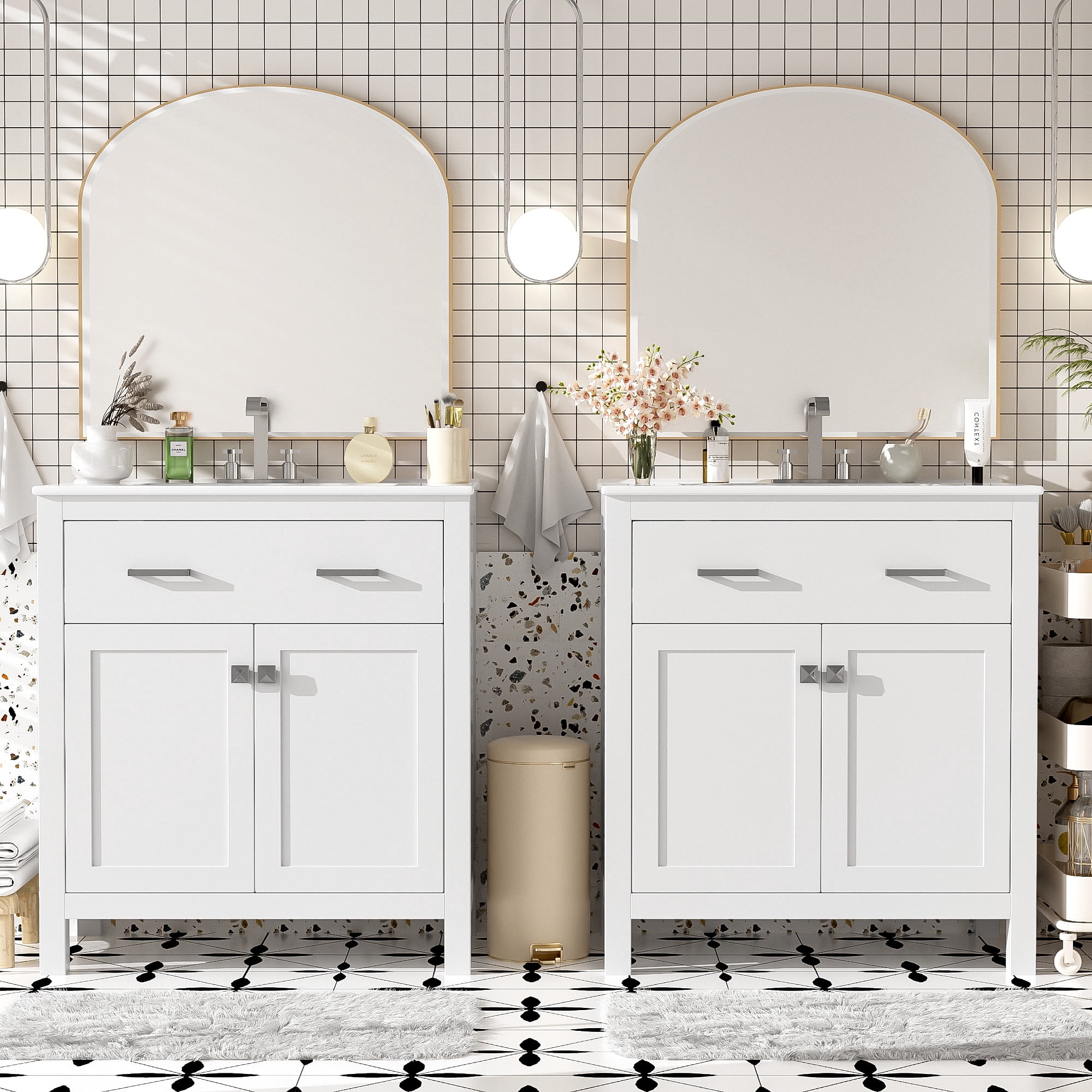 Euroco 60" Modern White Bathroom Vanity Set with Double Vanities (Separate), Double Ceramic Sinks, Adjustable Shelf, Soft Close Doors and Flip Drawer– Modern Bathroom Solution for Spacious Bathrooms