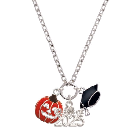 Delight Jewelry Silver-tone Jack O'Lantern with Cutout Eyes - Silver-tone Class of 2025 Graduation Zoey Necklace, 28"