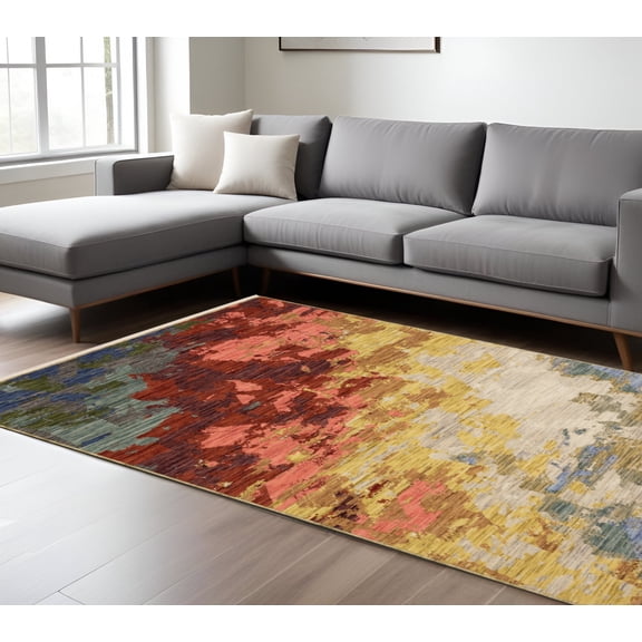 8' X 11' Beige Yellow And Rust Abstract Area Rug With Fringe
