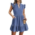 thumbnail image 2 of Vestido de mezclilla POTILI con volantes, manga corta, cuello en V, azul para mujer, 2 of 6