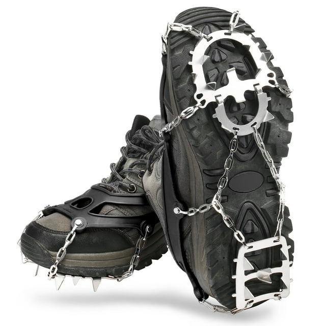 Labymos 18 Pointes Crampons de Traction Femmes Hommes - Antidérapants pour Neige avec Pochette de Rangement pour Marche Randonnée Pêche Alpinisme