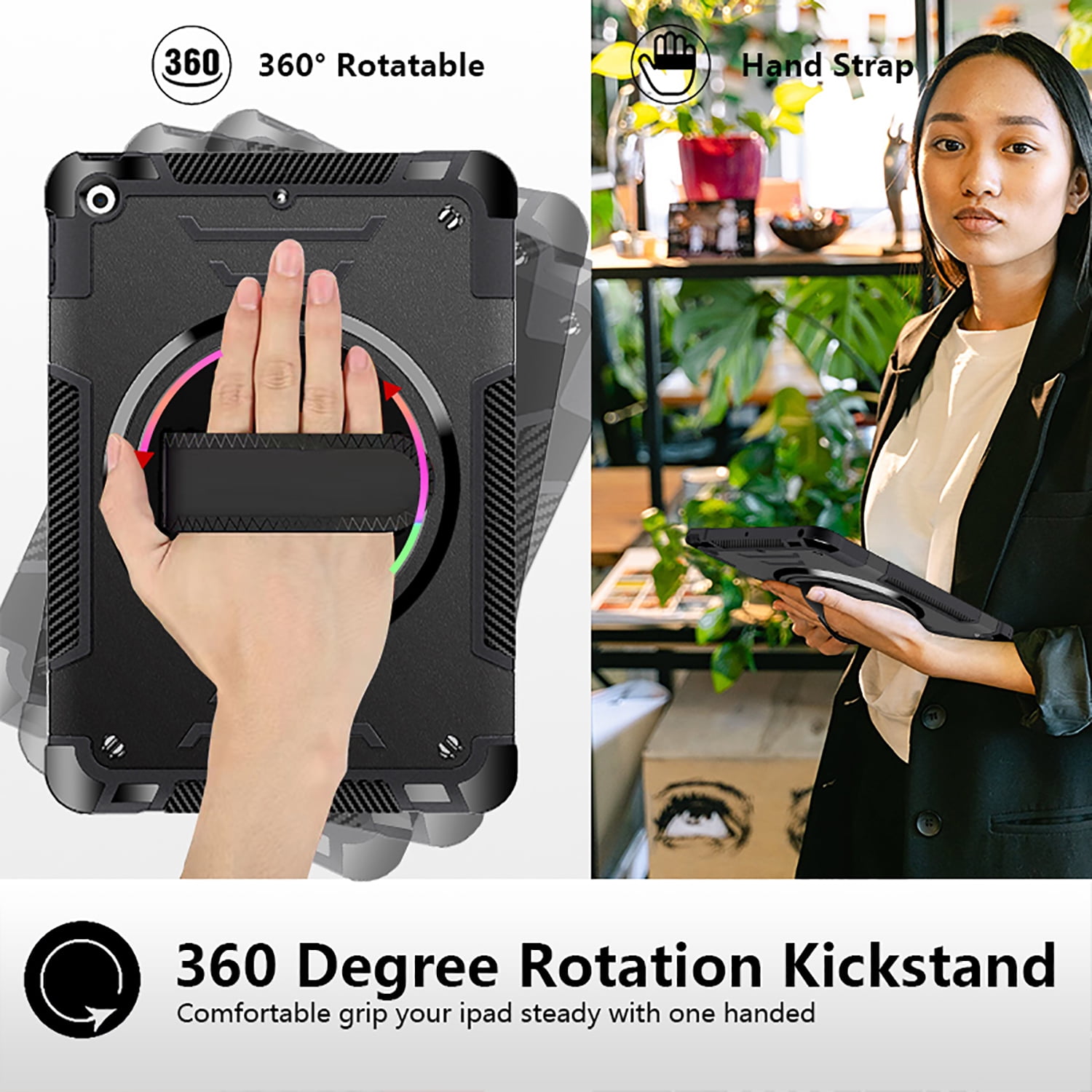 Shockproof Case for Apple iPad 9th/8th/7th Generation, with Pencil Holder Military Grade Protection Rotating Stand Hand Strap Shoulder Strap Bumper Rugged Case for iPad 10.2" 2021/2020/2019, Black