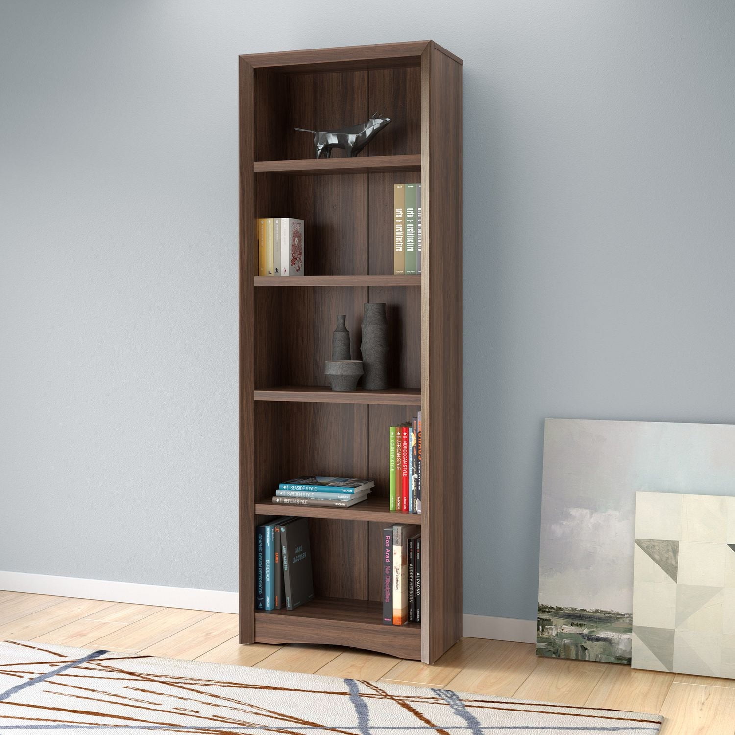 Corliving Quadra Engineered Wood 5-Tier Adult Bookcase with 4 Adjustable Shelves