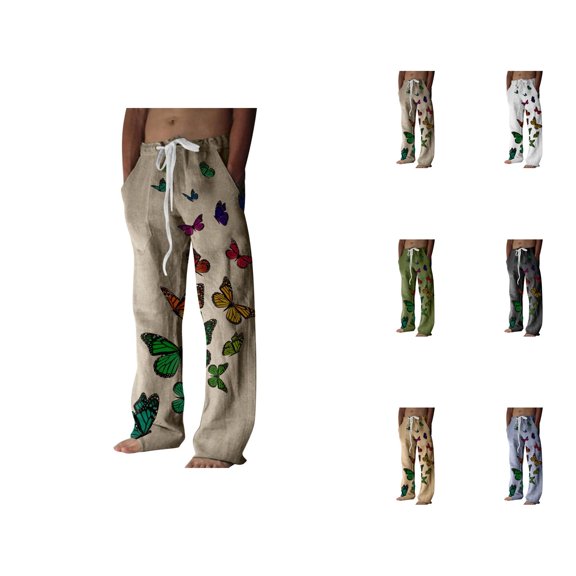 Cotton Linen Pants for Men 2026 Spring Summer Casual Elastic Waist Straight Leg Butterfly Print Beach Pants with Pockets
