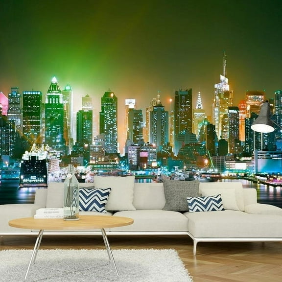 Tiptophomedecor New York Wallpaper Wall Mural - NYC Skyline In Green & Orange Lights