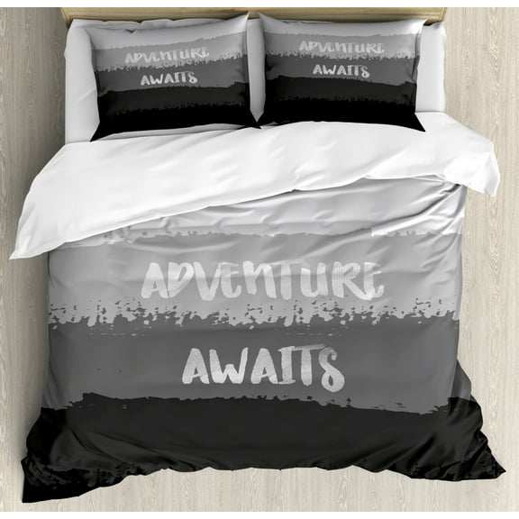 Adventure Awaits Duvet Cover Set King Size, Shades of Grey Pattern Brush Stroke Horizontal Stripes with Quote, Decorative 3 Piece Bedding Set with 2 Pillow Shams, Black Charcoal Grey, by Ambesonne