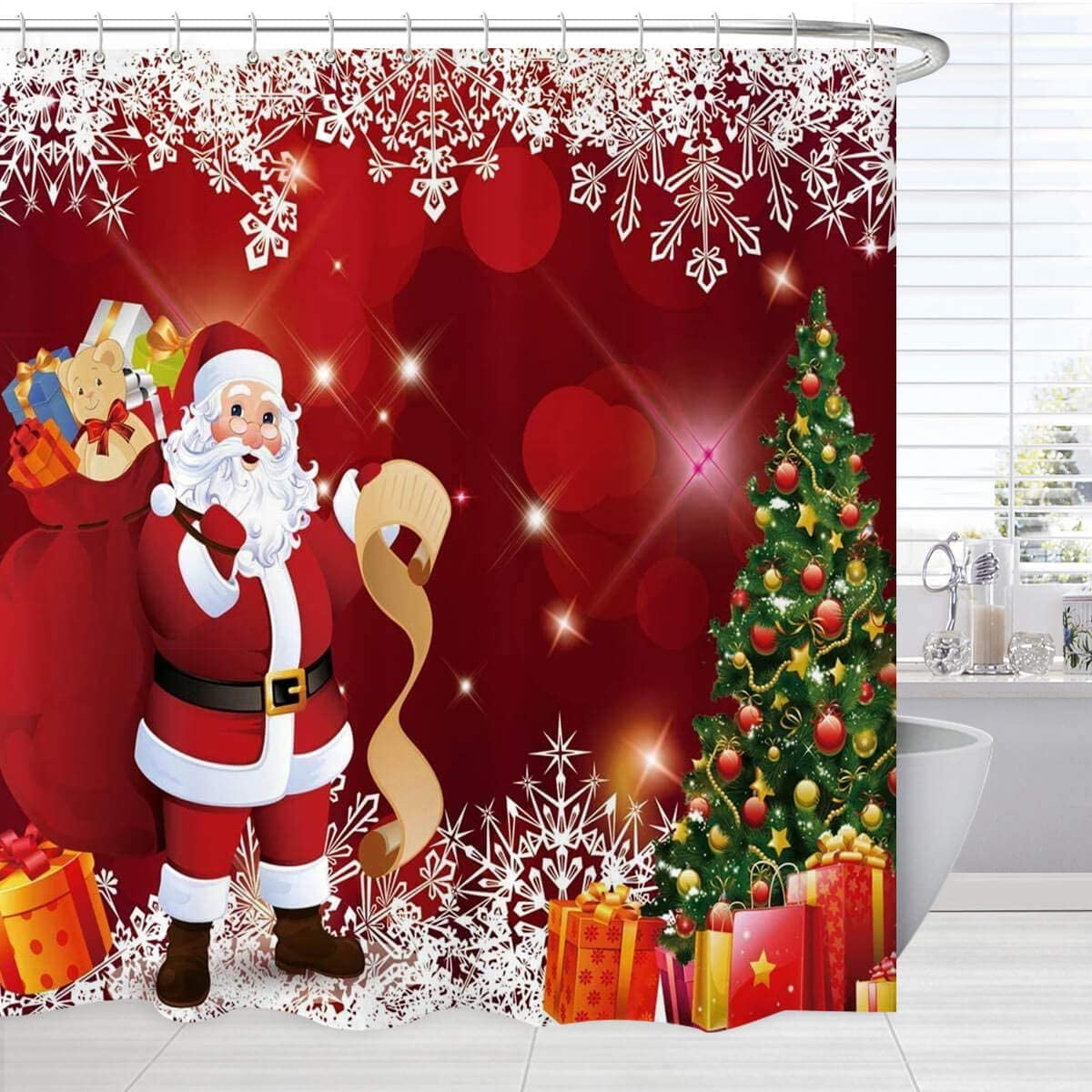 Santa Claus Xmas Tree Shower Curtain Liner & Hooks Set Bathroom Polyester Fabric 
