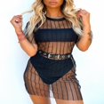 thumbnail image 3 of Women Mesh See Through Blouse Short Sleeve Striped Swimsuit Cover, 3 of 6