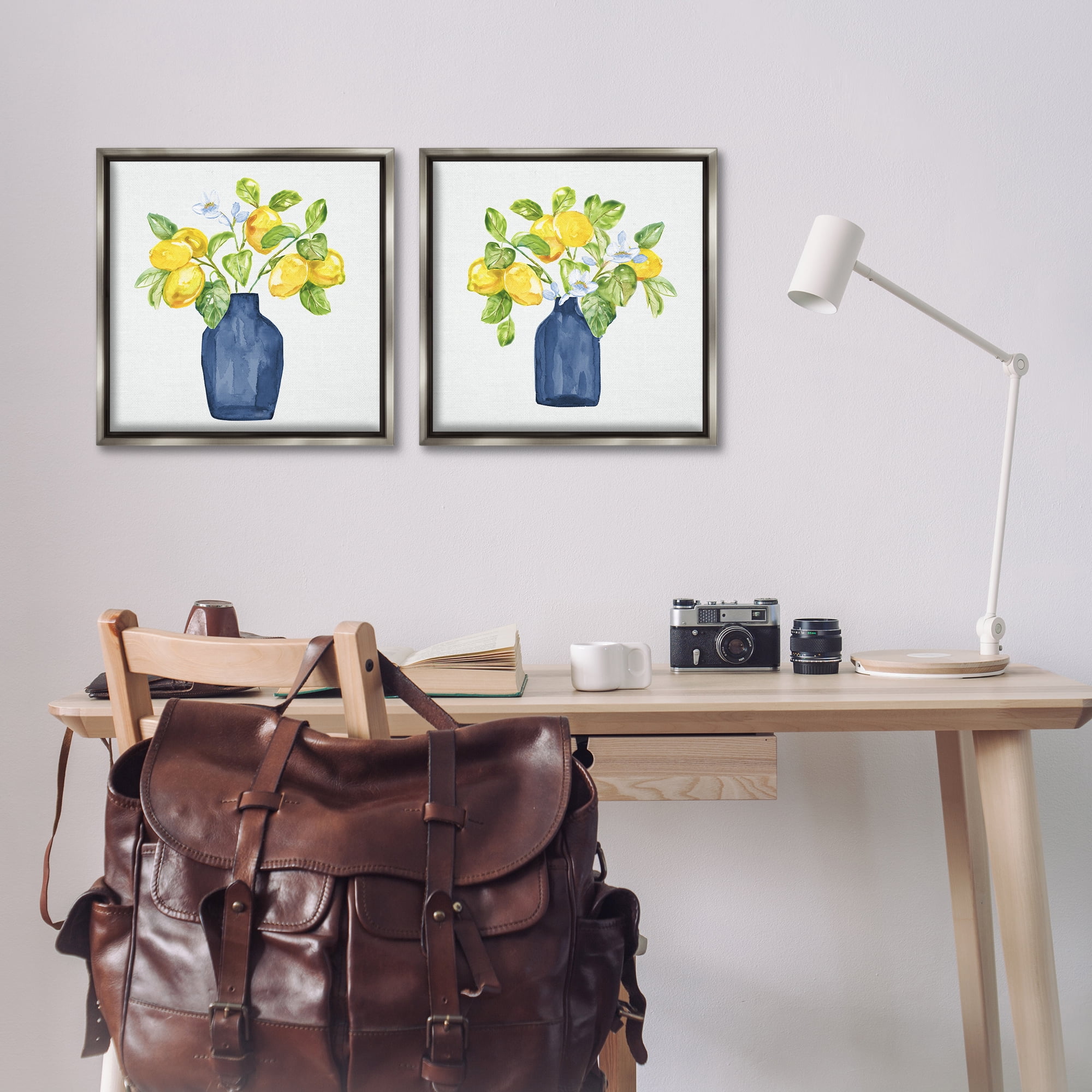 Stupell Industries Lemon Branches in Vases Food & Beverage Painting Gray Floater Framed Canvas Art Print Wall Art, 18 x 18, Set of 2