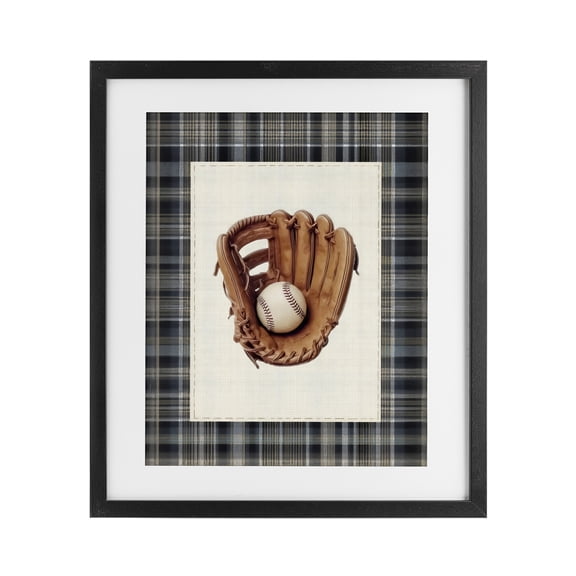 Stupell Industries Farmhouse Baseball Glove with Plaid Black Framed Print Under Glass, 13 x 16, by Arlington Prints