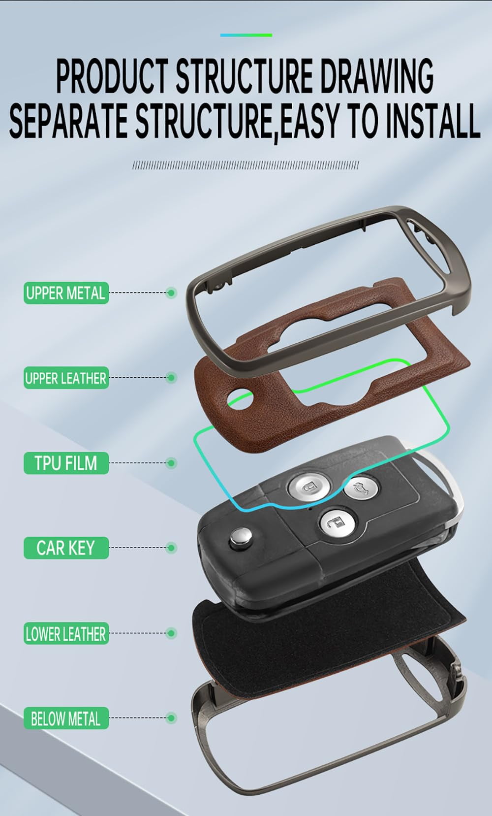 Flip Folding Key Fob Jacket Fit for Honda Accord 2008-2012 Metal Key Skin Leather Key Shell Double Protection Key Case Fit for MDX RDX TL TSX ZDX 2008-2013
