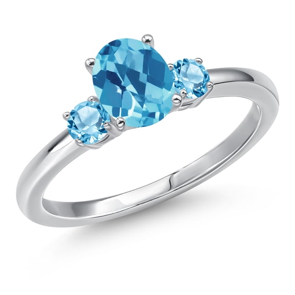 Gem Stone King 14K White Gold Swiss Blue Topaz Engagement Ring for Women | 1.30 Cttw | Oval Checkerboard 7X5MM | Gemstone November Birthstone | Size 5