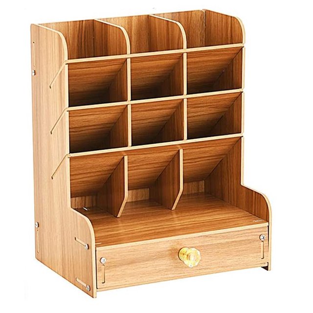 Organizador de escritorio de madera, caja de soporte de bolígrafo de papelería de escritorio multifuncional para el hogar, oficina, suministros escolares, estante de almacenamiento con cajón Namotu LKX-0824