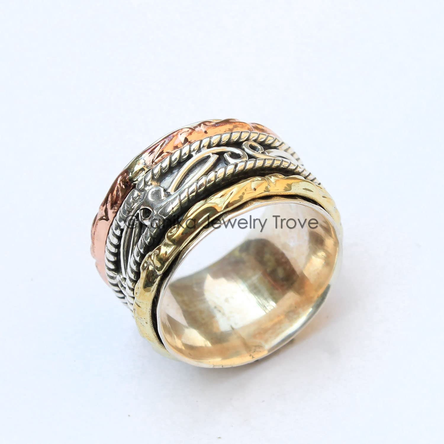 SS DESIGNS Sterling Silver Spinner Ring 925 Silver Anxiety Relief Band with Brass & Copper Fidget Spinners, Elegant Anti Stress Jewelry for Women