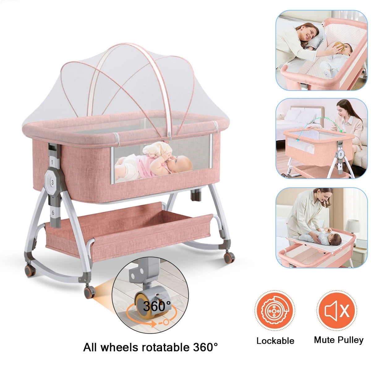LUOLUO 4-in-1Baby Bassinet, Infant Bedside Crib with Storage Basket & Wheel & Changing Table, 6 Gear Adjustable Height, for 0-36 Months, Pink