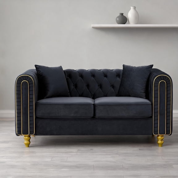 Compact 2-Seater Loveseat Sofa, Jet Black Velvet Button Tufted Chesterfield with Gold Legs