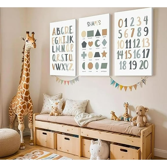 Set of 3 Kids Playroom Nursery Canvas Wall Hieng Number Table ABC Alphabet Playroom Paintings KindergHiengen Print Hiengwork for Nursery, Baby, Toddler, Boy, Girl Room, Classroom With Frame
