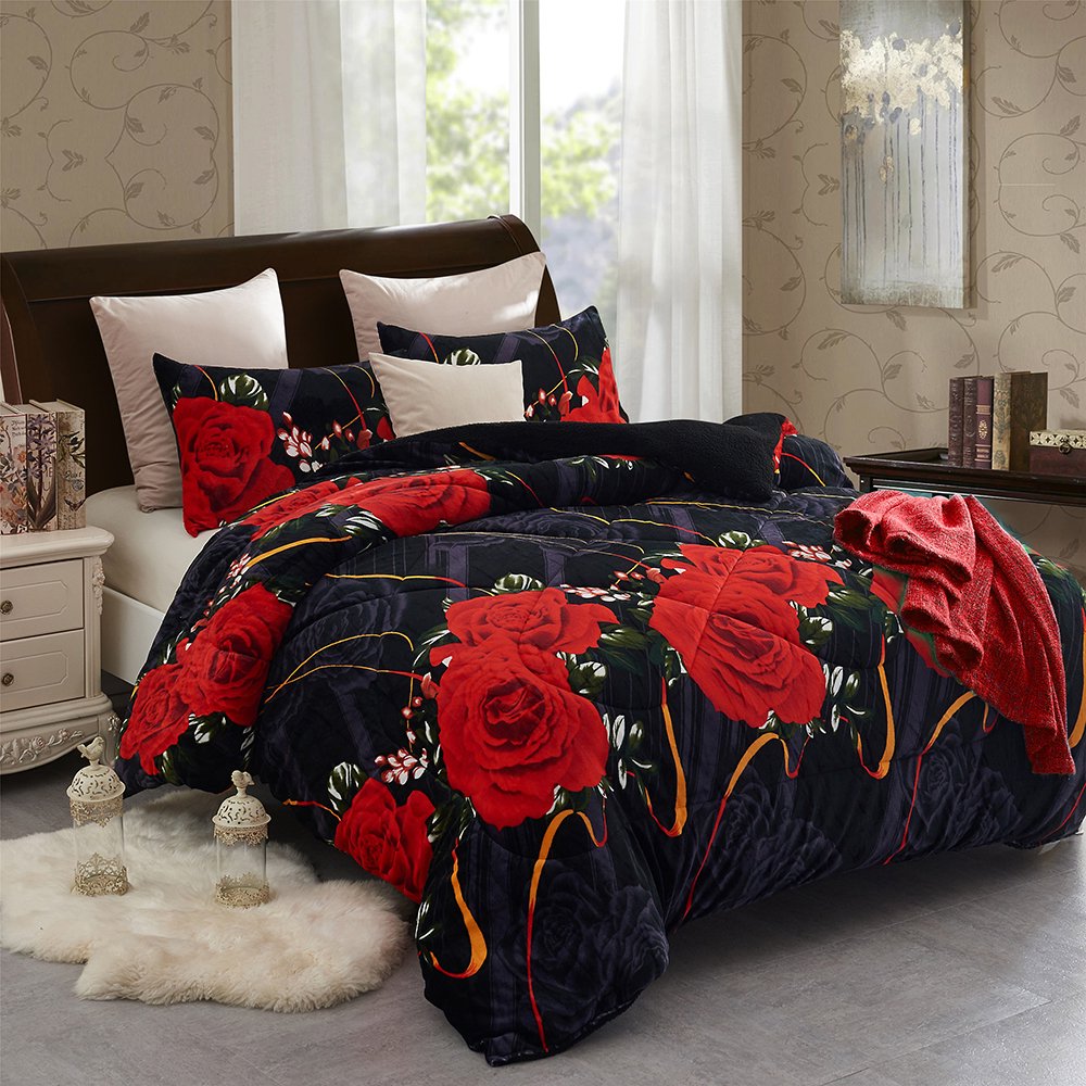 Heavy Sherpa Fleece Bed Blanket and Pillowcase Set, Queen Black Red