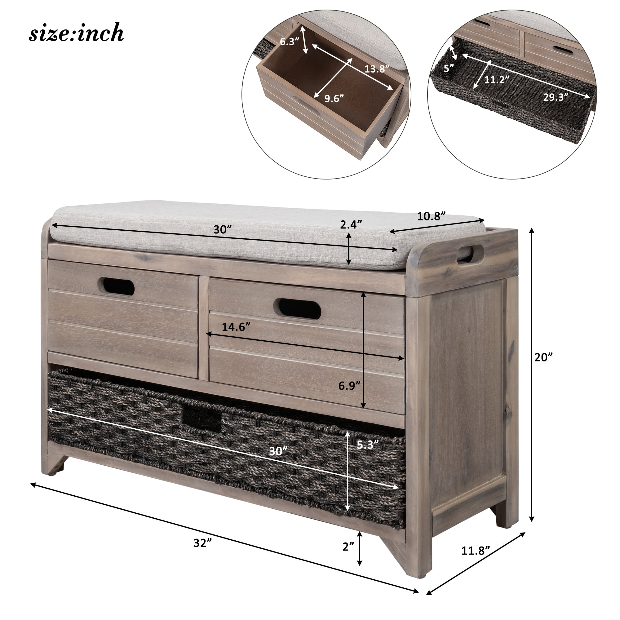 Aukfa Wood Storage Bench with Removable Basket and 2 Drawers for Entryway - Light Brown