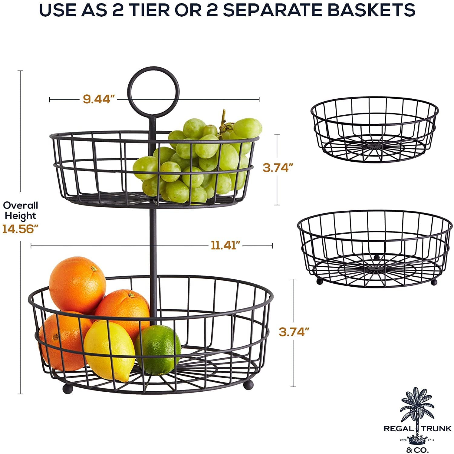 Regal Trunk & Co 2 Tier Fruit Basket, Wire Organizer, Matt Brown, Metallic Frame, Kitchen Size