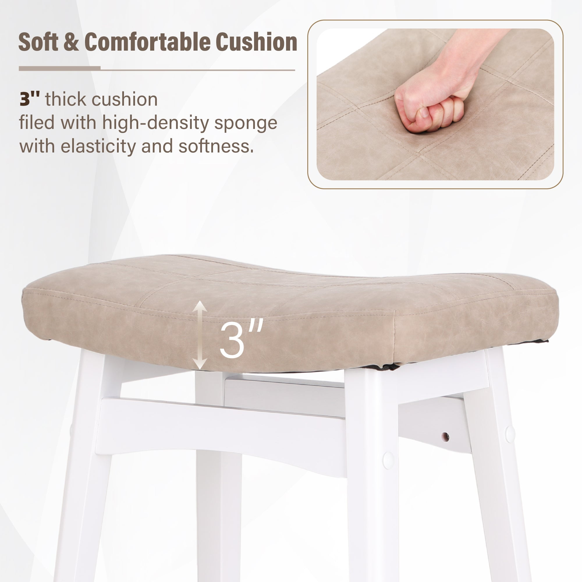 Summit Living 24 inch Counter Height Wood Bar Stools Set of 2 for Kitchen Saddle Backless Faux Leather Stools Chairs, White