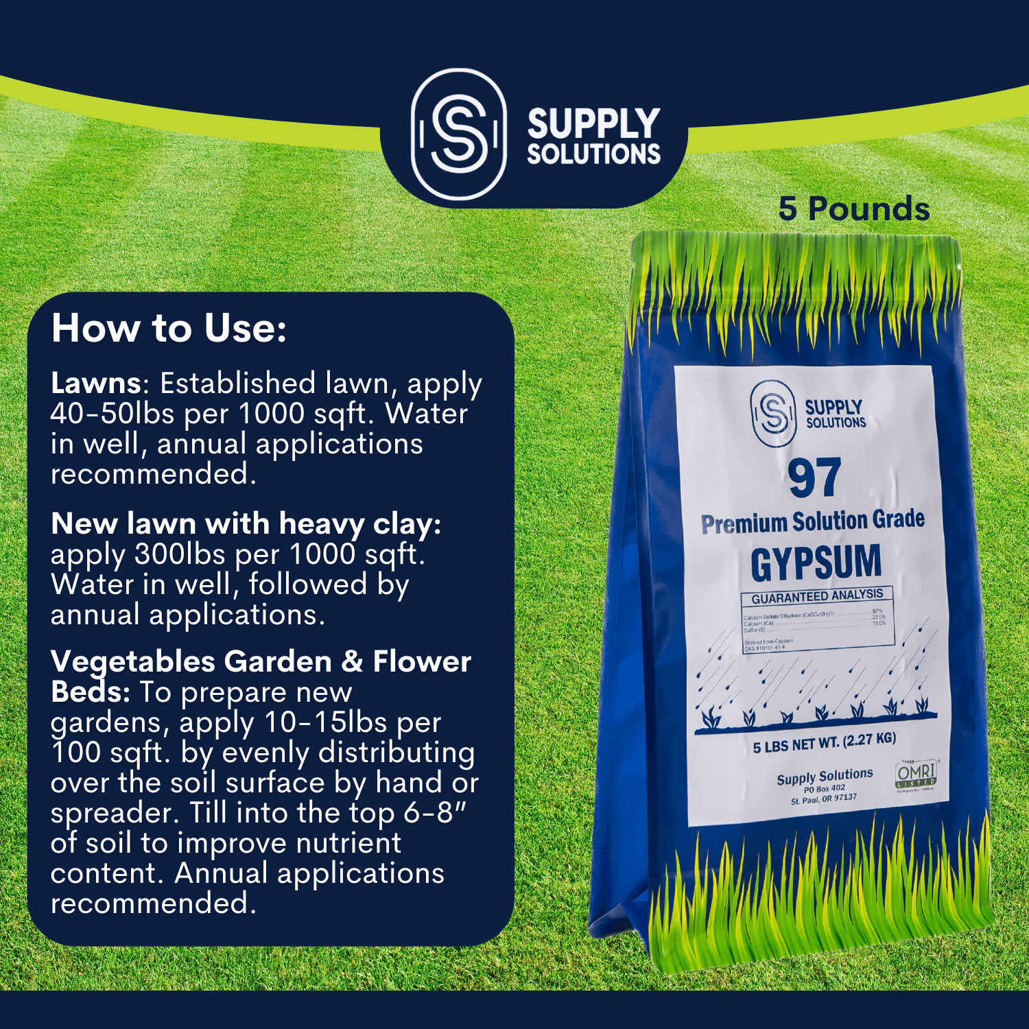 Supply Solutions Gypsum Powder for Soil - Promotes Root Growth for Mushrooms Soil Aerator Calcium Fertilizer - Pure and Soluble Soil Conditioner for Clay Soil and Lawn (5lbs)
