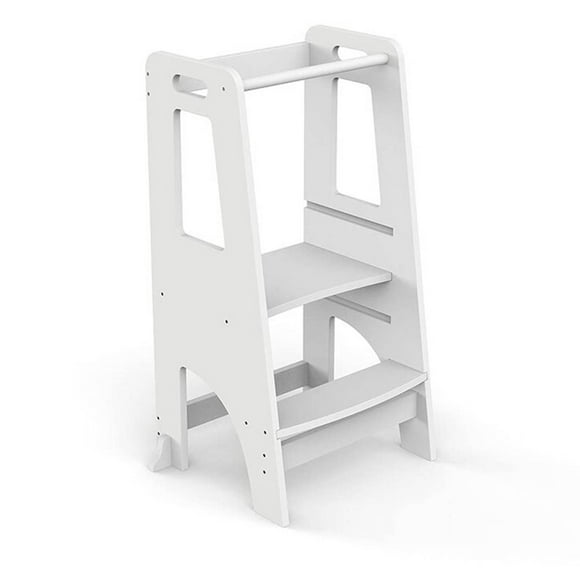 Wooden Step Stool for Kids, Adjustable Height Toddler Learning Helper Tower with Safety Rail,White