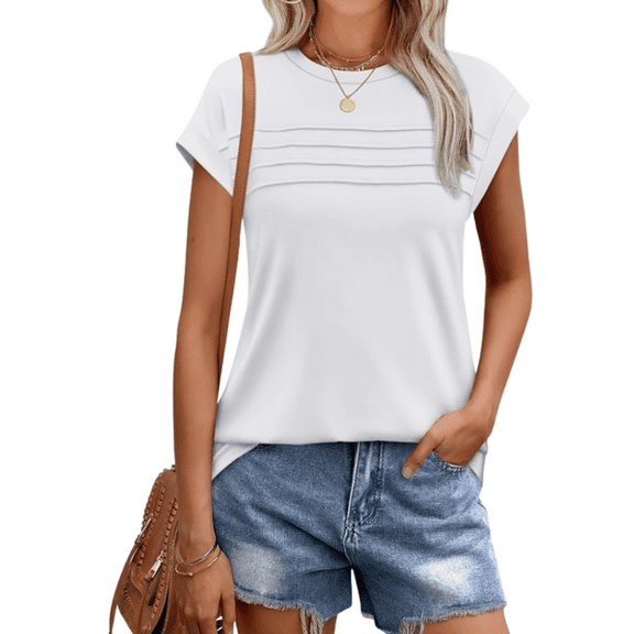 PPCHVOY Women's Textured Stripes T Shirt Cap Sleeve Round Neck Casual Tops for Women Loose Fit Comfort Summer Tees S-2XL