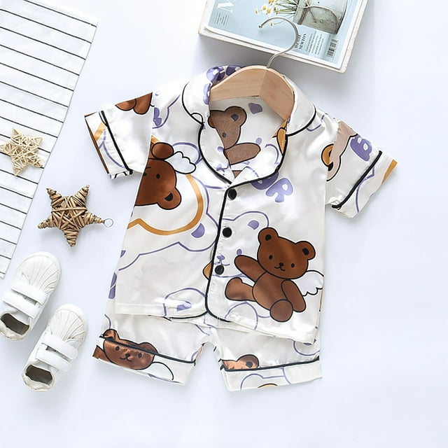 LSLJS Ensemble de Pyjama Décontracté pour Enfants à Boutons, Manches Courtes, Col Rabattu, Vêtements d'Été Tendance 2024