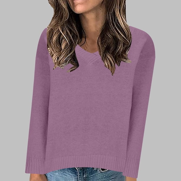 Suéter de cuello en V para mujer, jersey de manga larga de color liso con cuello en V, suéter informal de moda, top de poliéster para mujer