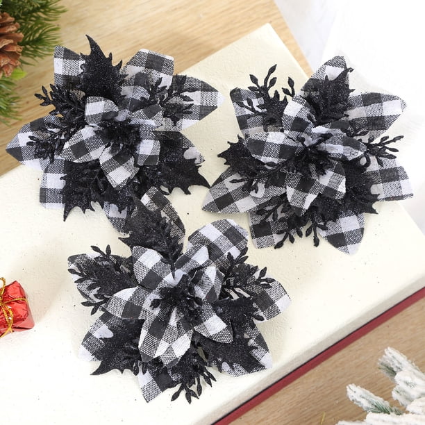 Flores navideñas de tela tejida negra | Juego de 5 piezas para coronas y adornos para árboles | Adornos florales navideños de 13 cm | Accesorios festivos para el hogar