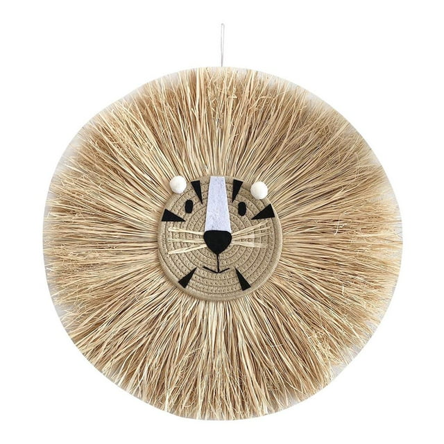 Cabeza de animal tejida a mano, león con barba de dibujos animados y borla, decoración de pared para sala de estar. Lindo. F