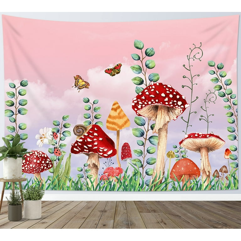 Mushroom Tapestry for Bedroom Aesthetic Retro Butterfly Pink Blue