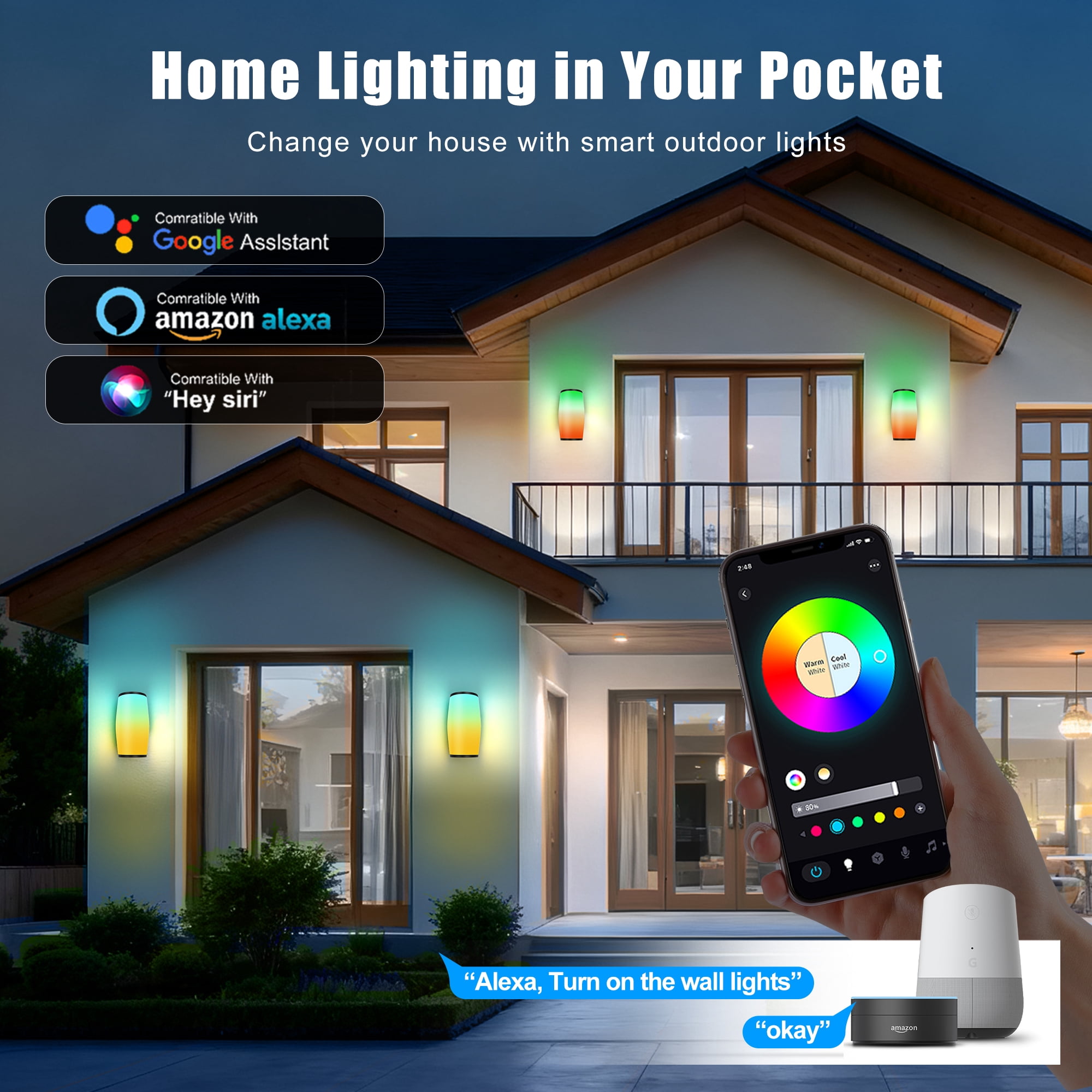 Outdoor Wall Lights, RGBICWW Smart Outdoor Light Fixture, 2400LM LED Porch Light, Modern Outdoor Wall Sconce Tunable White, IP65 Waterproof for Outdoor Decor, Christmas Decor