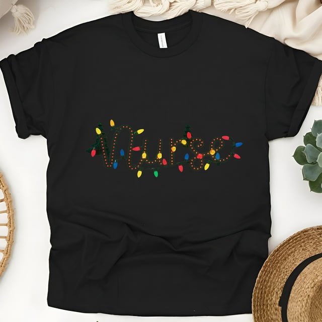 Nurse Graphic T-Shirt with String Lights Design, Unisex Casual Tee, Black, Size L