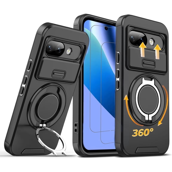 for Google Pixel 10A Rugged Case,Adjustable Ring Holder Stand,Slide Camera Cover,2 Pack Screen Protector,Shockproof Phone Cover for Pixel 10A 6.3"(Black)