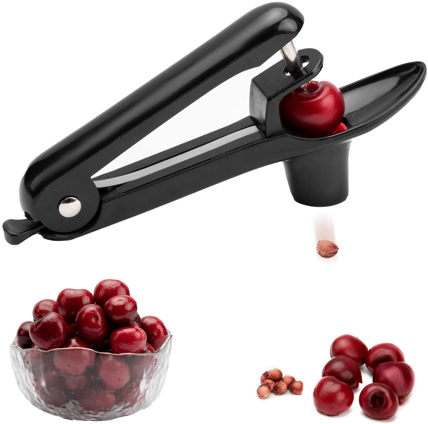 Cherry Pitter Tool Portable Cherry Stoner Pitter Core Remover Kitchen Aid Heavy Duty Olive Pitter Tool with Space-Saving Lock Design Seed Remover Tool with Food-Grade Silicone Cup Black-1pack 