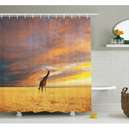 Giraffe Shower Curtain Set Animal In Savannah Under Large Clouds