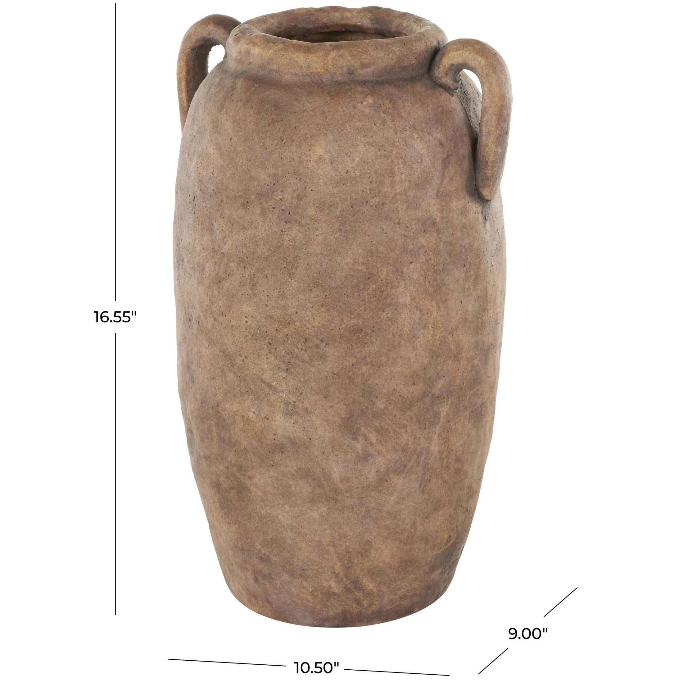 DecMode 17" Antique Style Textured Brown Ceramic Vase with Handles