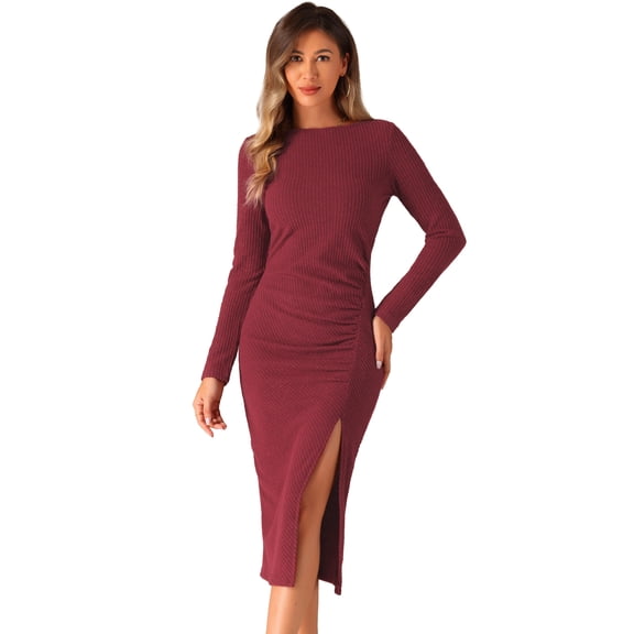 DARING DIVA Casual Bodycon Long Sleeve Midi Dress XS Dark Red