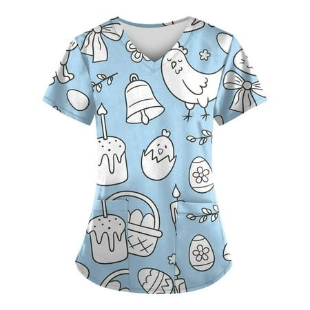 

XHJUN Womens Scrub Tops 2xl Plus Size Business Short Sleeve Tshirts Teen Girls Easter with Designs Pocket Sky Blue XXXL
