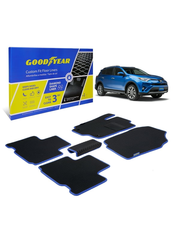 Goodyear Custom Fit Car Floor Liners for Toyota RAV4 2013-2018, Black/Blue 5 Pc. Set, All-Weather Diamond Shape Liner Traps Dirt, Liquid, Rain and Dust, Precision Interior Coverage - GY007036